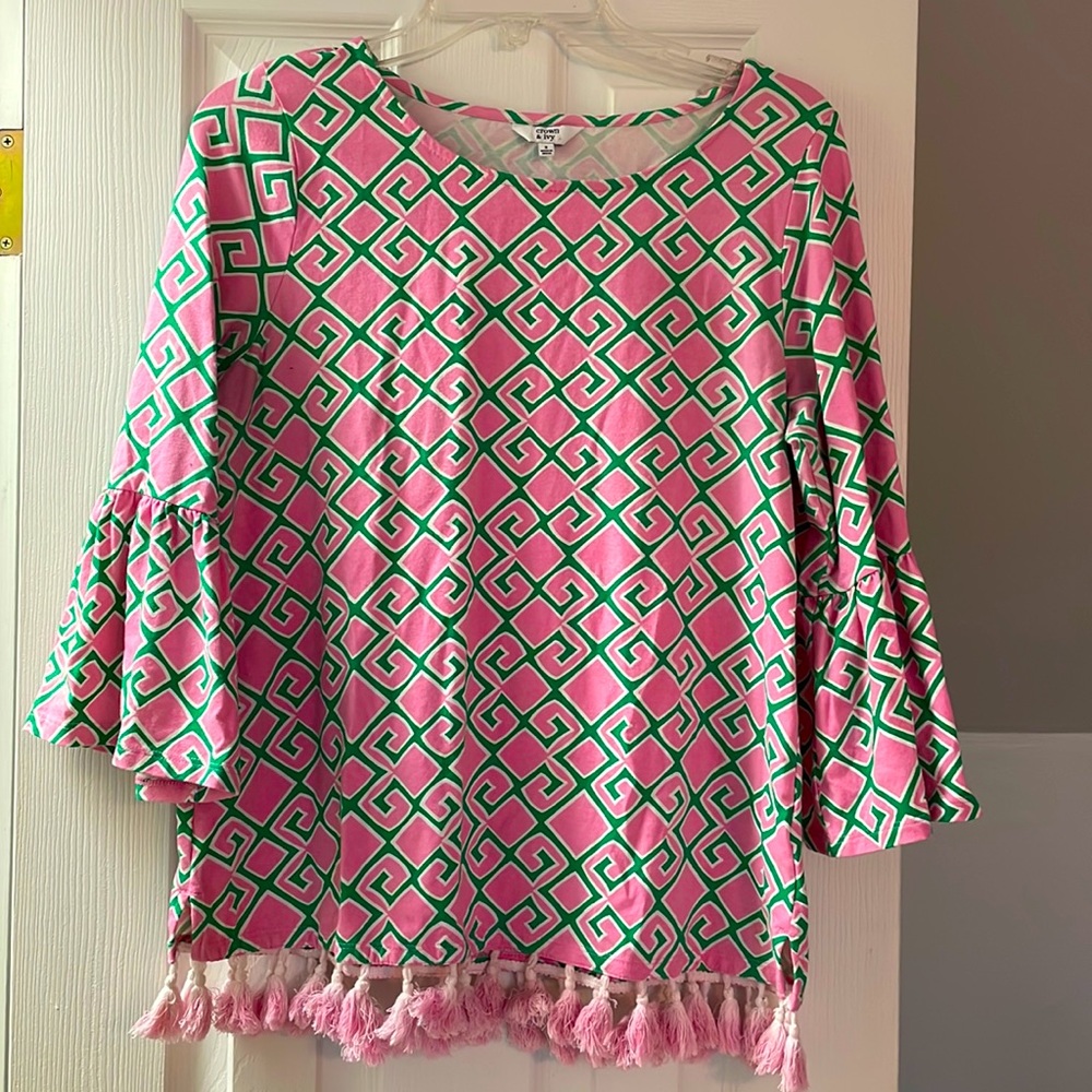 Pink, Green and White Crown & Ivy 3/4 length bell sleeve top with tassels